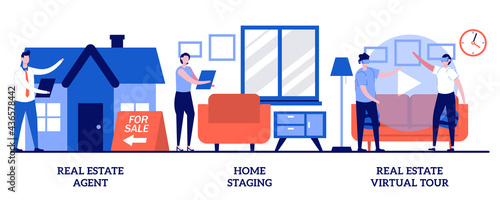 Real estate agent, home staging, real estate virtual tour concept with tiny people. Real estate buying experience vector illustration set. Sale preparation, listing video walk-through metaphor