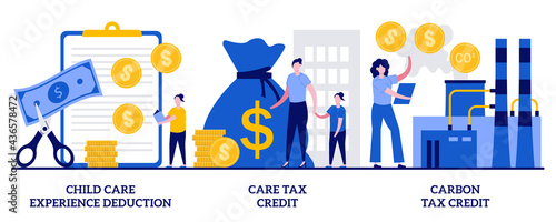 Child care experience deduction, care tax credit, carbon tax credit concept with tiny people. Income subsidies abstract vector illustration set. Tax deduction, exemption and credit metaphor