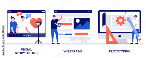 Visual storytelling, wireframe and prototyping concept with tiny people. Web page layout abstract vector illustration set. User experience, design concept, landing page, digital application metaphor
