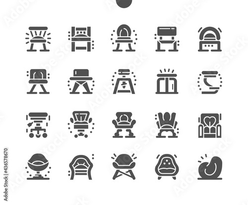 Chair types. Pouf, stool, bar chair, office chair, child chair, lounge chair. Different types of chairs. Comfortable, sit, furniture, house, interior. Vector Solid Icons. Simple Pictogram