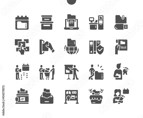 International Archives Day 9 June. Information carriers. Calendar. Ninth of june. Saving archives. Thematic exhibitions. Festive cake. Vector Solid Icons. Simple Pictogram