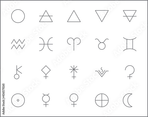 Set of Astrology and zodiac sign line style. It contains such Icons as planets, asteroids, earth, luna, mercury, venus, aries, taurus, gemini, aspects and other elements. customize color, easy resize.