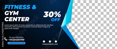 Gym and Workout banner template design. Modern banner with blue color frame. Usable for website and header.