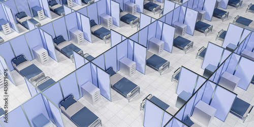 overview of Beds are ready in a quarantine facility for COVID-19 patients - 3D render photo