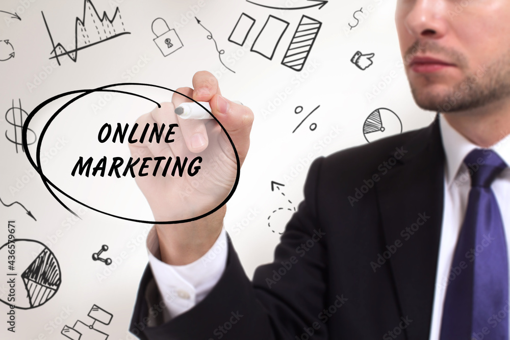 Business, technology, internet and network concept. Young businessman thinks over the steps for successful growth: Online marketing
