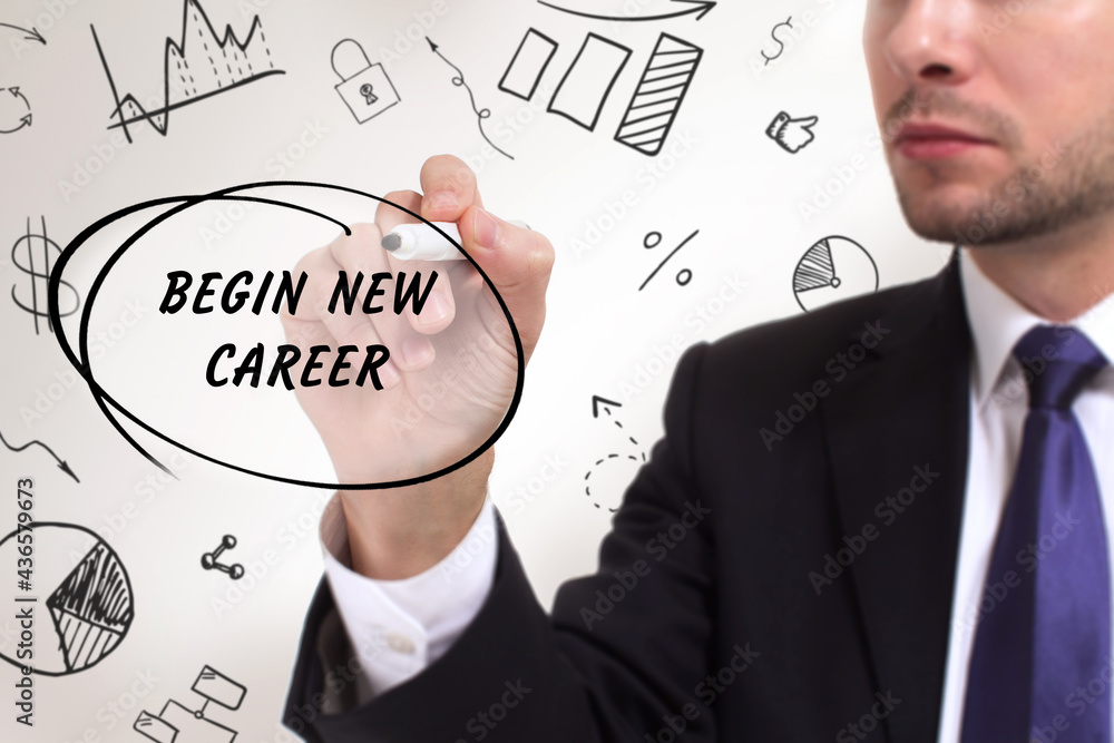 Business, technology, internet and network concept. Young businessman thinks over the steps for successful growth: Begin new career Business, technology, internet and network concept. Young businessman thinks over the steps for successful growth: Begin new career