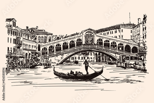 Old Rialto Bridge over the Grand Canal in Venice. Vector drawing.