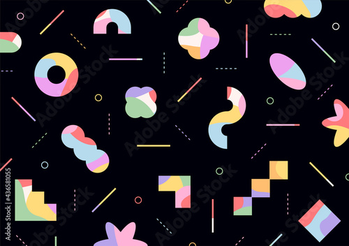 Figures with colorful patterns are freely arranged on a black background.