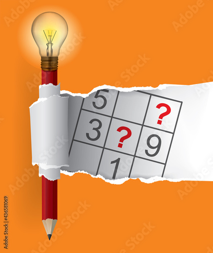 Smart Pencil with bulb and sudoku, torn paper. 
Illustration of orange ripped paper background with playful sudoku motif. Vector available
