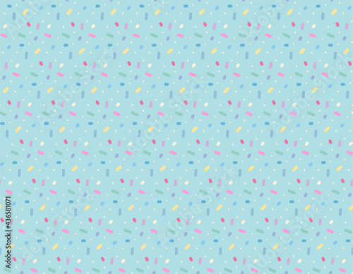 Cute candy-like dots appear repeatedly on the sky blue background.