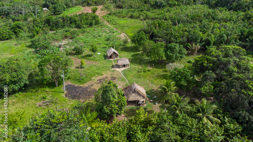 Aerial view of typical indigenous hollow. Very common in Amazon forest. The hollow structure is made up of bamboo branches and tree trunks. Cover is made of straw or palm leaves. photo