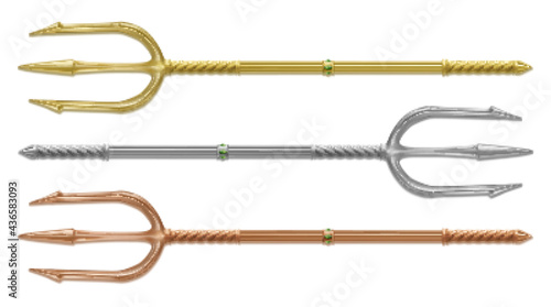 Gold, silver and bronze trident, devil pitchfork with emeralds isolated on white background. Vector realistic set of mythology weapon of greek god Poseidon, Triton or Neptune. Demon tridental spear