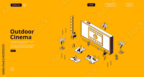 Outdoor cinema banner. Open air movie theater in public park or backyard. Vector landing page with isometric illustration of summer lawn with people sitting and watching film on big screen at night