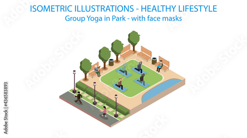 Yoga in park isometric. Post covid with protective mask.