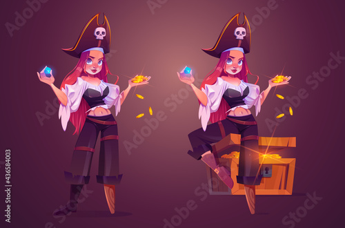 Girl pirate with treasure, female captain with wooden leg, hat with skull sign and chest full of money. Vector cartoon woman character in buccaneer costume holding gemstone and gold coins