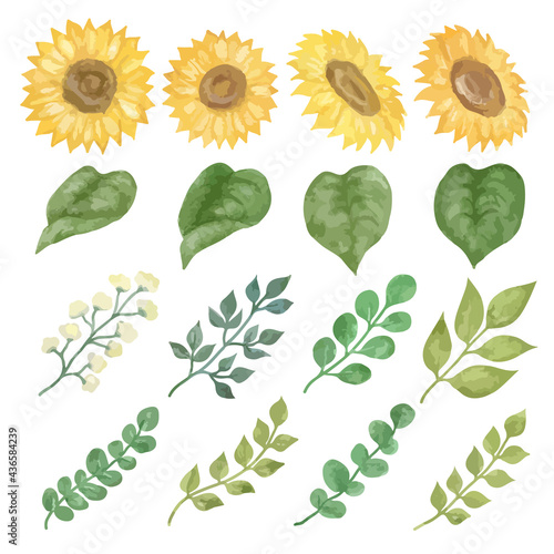 水彩風ひまわりとボタニカルパーツのイラストセット