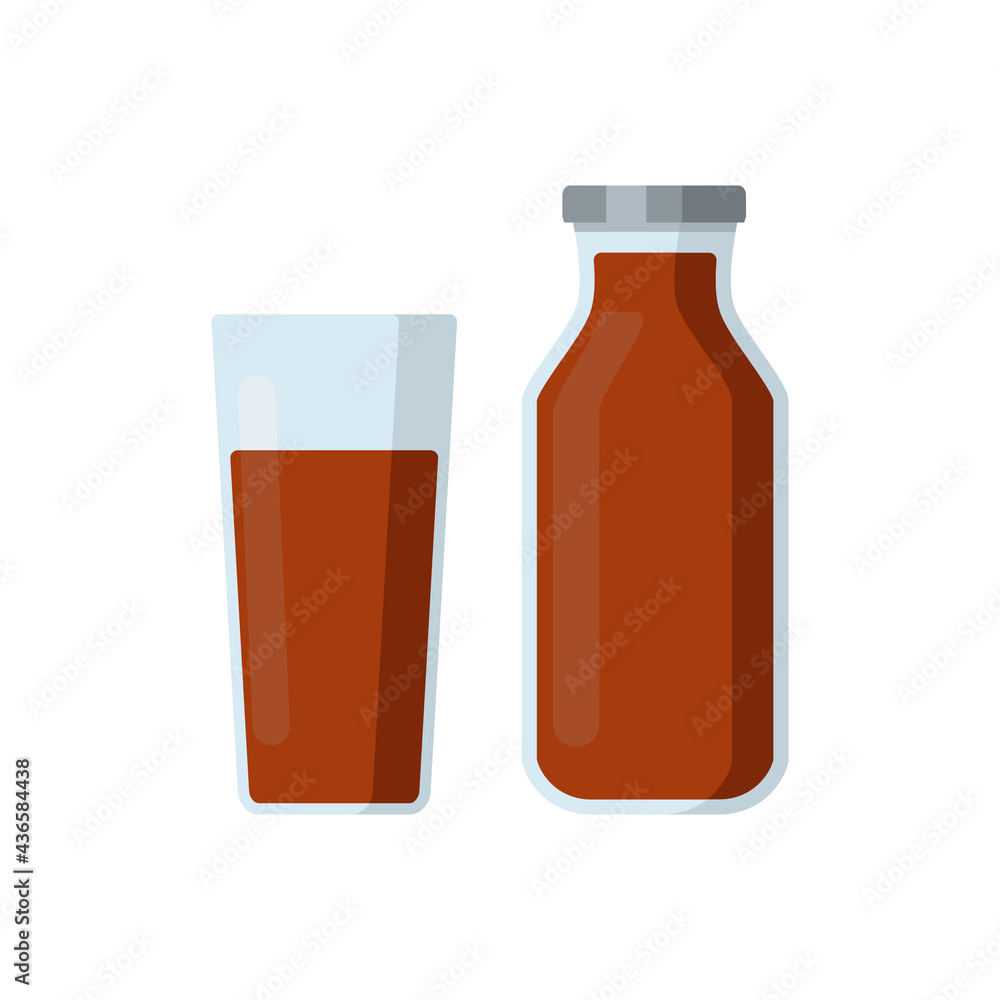 Flat vector illustration set of chocolate milk, iin glass bottle and glass of milk. Isolated on white background. Flat vector illustration set of chocolate milk, iin glass bottle and glass of milk. Isolated on white background.