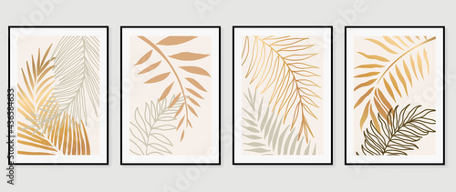 Topical leaves abstract gold color art background vector. Wall arts design with earth tone and watercolor brush texture.