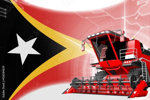 Agriculture innovation concept  red advanced grain combine harvester on Timor-Leste flag - digital industrial 3D illustration