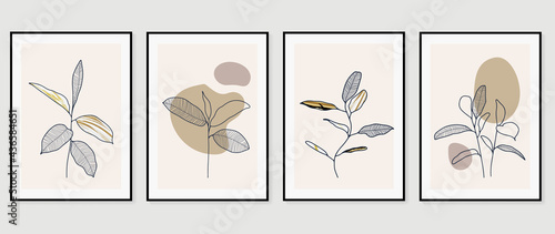 Topical leaves abstract gold color art background vector. Wall arts design with earth tone and watercolor brush texture.