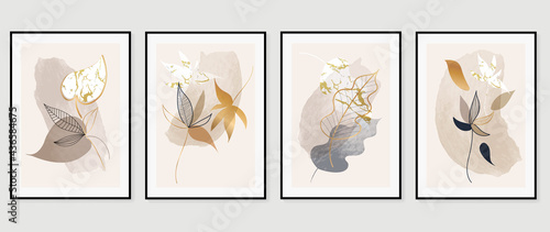 Topical leaves abstract gold color art background vector. Wall arts design with earth tone and watercolor brush texture.