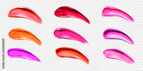Lipstick smears, swatches of liquid lip gloss for makeup palette. Vector realistic mockup of bright red, orange and pink smudges of female cosmetic isolated on transparent background