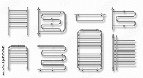 Towel heater rail warmer, coil dryer bathroom accessories. Metal chrome radiators for drying wet clothes isolated on transparent background, steel bath room design elements Realistic 3d vector set