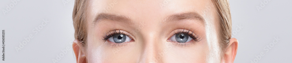 Closeup shot of woman eye with day makeup. Long eyelashes Closeup shot of woman eye with day makeup. Long eyelashes