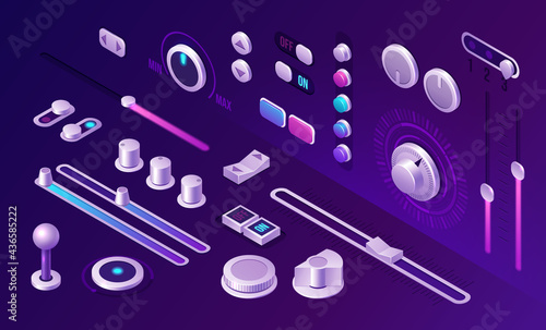 Isometric buttons, control panel interface elements for music player, dj mixer, game or mobile application. Switch on and off, joystick, equalizer, volume UI recorder app audio digital 3d vector set