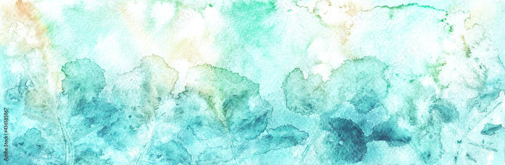 Softness Nature floral background. Abstract blue transparent leaves silhouettes on spotted background. Watercolor painting on textured paper.