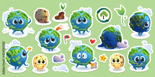 Stickers with Earth and Moon cartoon characters, cute funny planets with kawaii face and cloud, happy mascot rejoice, touching star, sleep, volcano eruption, green sprouts and comet Cartoon vector set