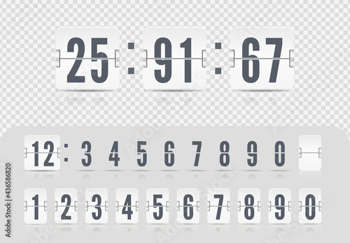 Vector illustration template. Scoreboard number font. White flip countdown number with reflections isolated on transparent background. Vintage flip clock time counter vector template.