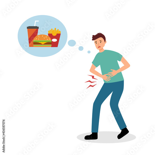 Young man feels hungry and thinking about food in flat design on white background. Guy suffering from stomachache and want eating food.