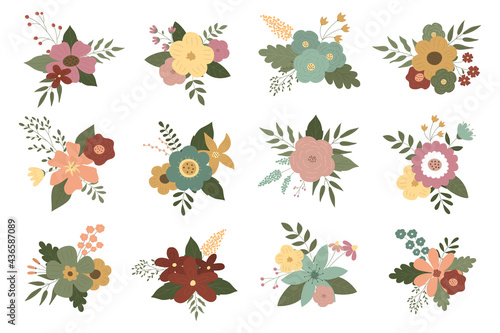 A set of flower bouquets. Vector illustration. Suitable for greeting cards, wedding invitations, party invitations, logos, business cards, banners. © Victoria Guzeeva