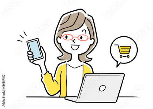 ベクターイラスト素材：パソコンとスマートフォンを利用する女性
