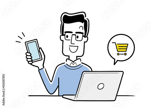 ベクターイラスト素材：パソコンとスマートフォンを利用する男性
