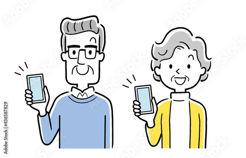 ベクターイラスト素材：スマホを持つシニア世代の男女
