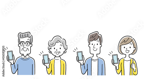 ベクターイラスト素材：スマホを持つ若い世代とシニア世代の男女
