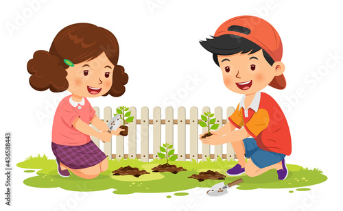 Cute boy and girl happy planting tree. Vector illustration