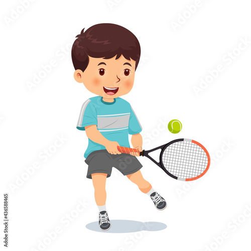 Cute boy playing tennis. Vector illustration