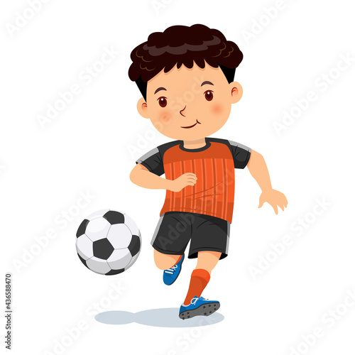 Cute boy playing soccer. Vector illustration