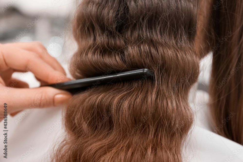 Fototapeta premium Female hairdresser combing curled hair of client in beauty salon, closeup