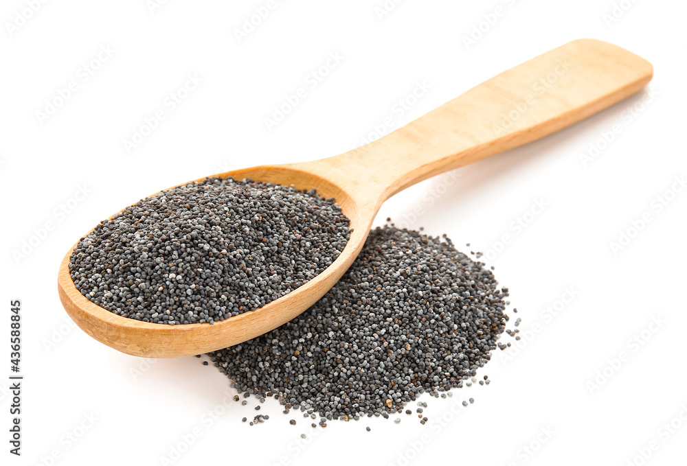 Spoon with poppy seeds on white background Spoon with poppy seeds on white background