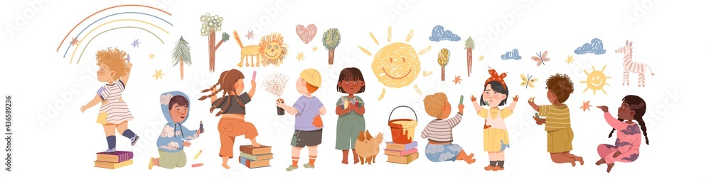 Cute Children Drawing on the Wall with Crayons Vector Illustration Cute Children Drawing on the Wall with Crayons Vector Illustration