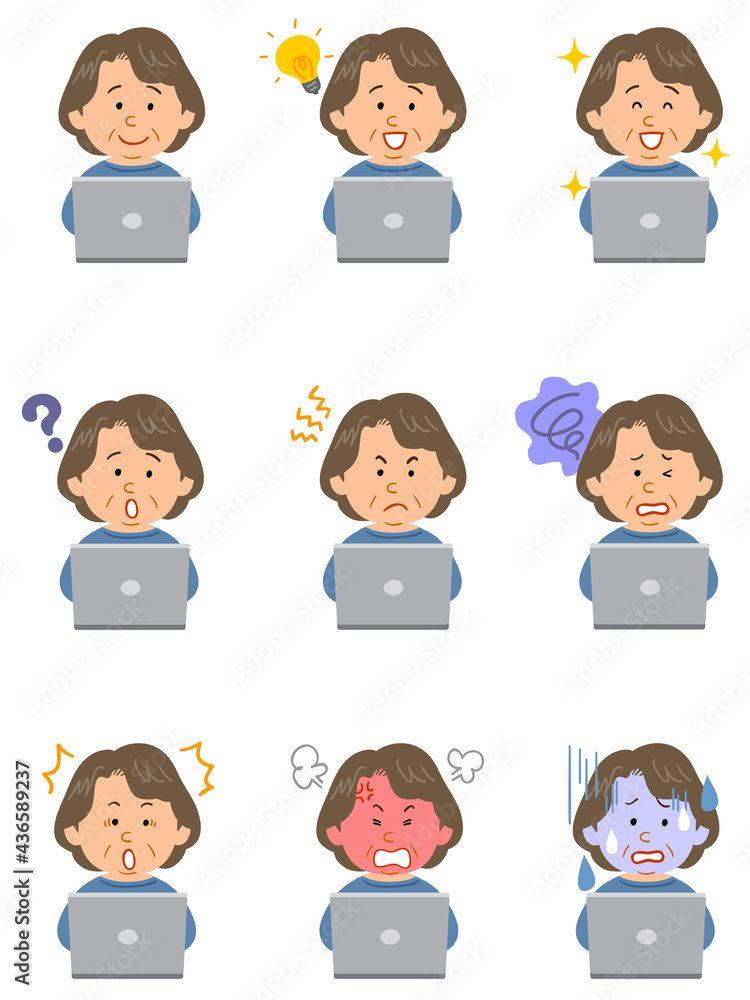 ノートパソコンを操作する青いカットソーを着たシニアの女性の9種類の表情
