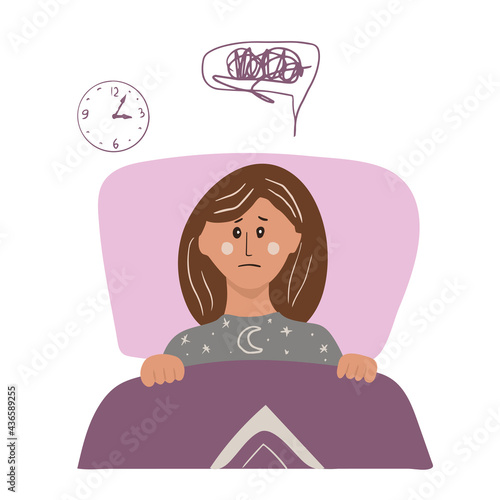 Woman have insomnia. A woman lies in bed and thoughts do not let her sleep. Vector cartoon hand drawn illustration