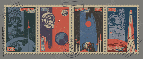 Soviet Space Propaganda Postage Stamps, Cosmonauts, Space Rockets and Planets
