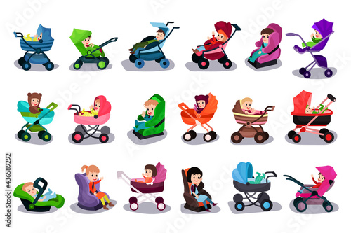 Cute Little Toddlers Sitting in Baby Carriage, Carrycot and Car Seat Vector Illustration Set