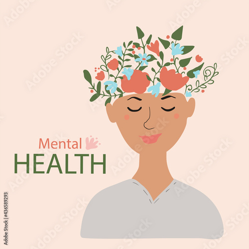 Smiling happy woman. Mental health concept. Hand drawn vector illustration on beige background