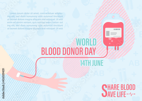 Hand of human sharing blood with wording of blood donor day and example texts on medical icon pattern and blue background. Poster campaign of World blood donor day in flat style and vector design.
